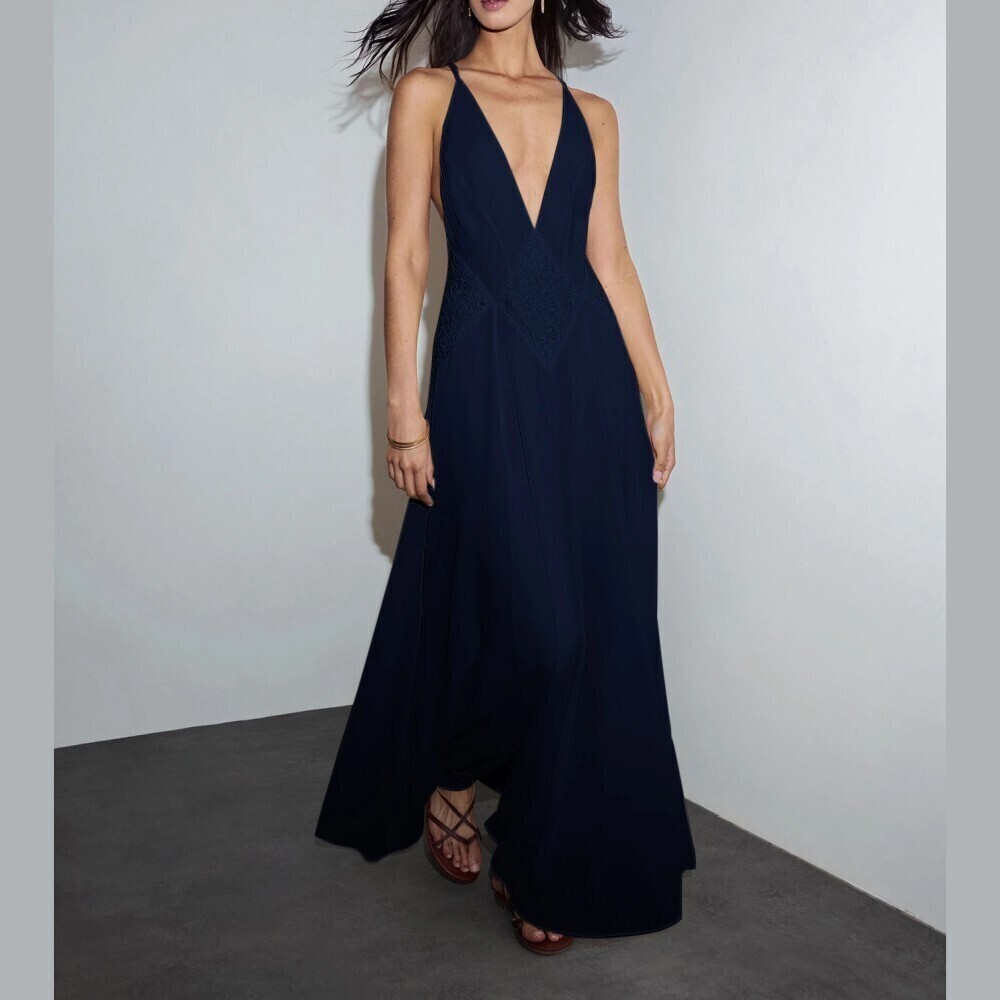 Navy Blue Deep V Neck Textured Panel Sleeveless A-Line Maxi Dress